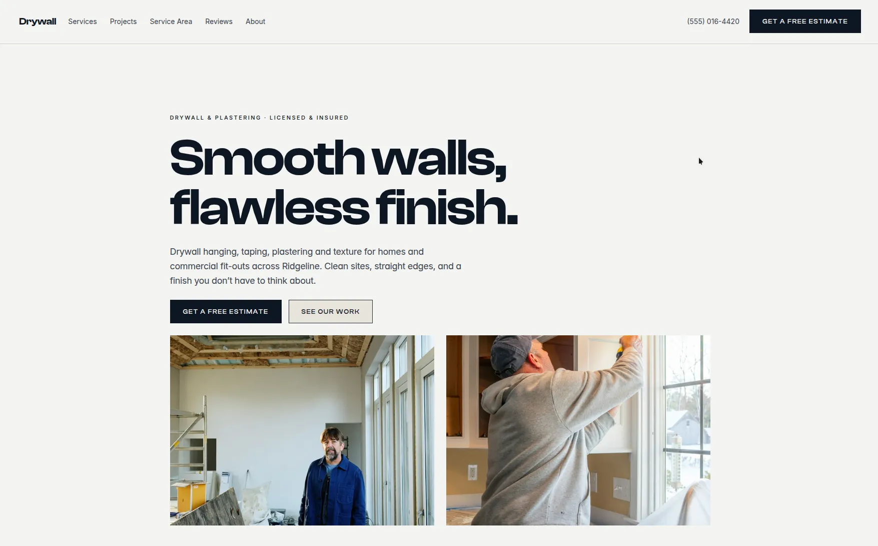 Drywall template preview — an editorial contractor site with a numbered project grid