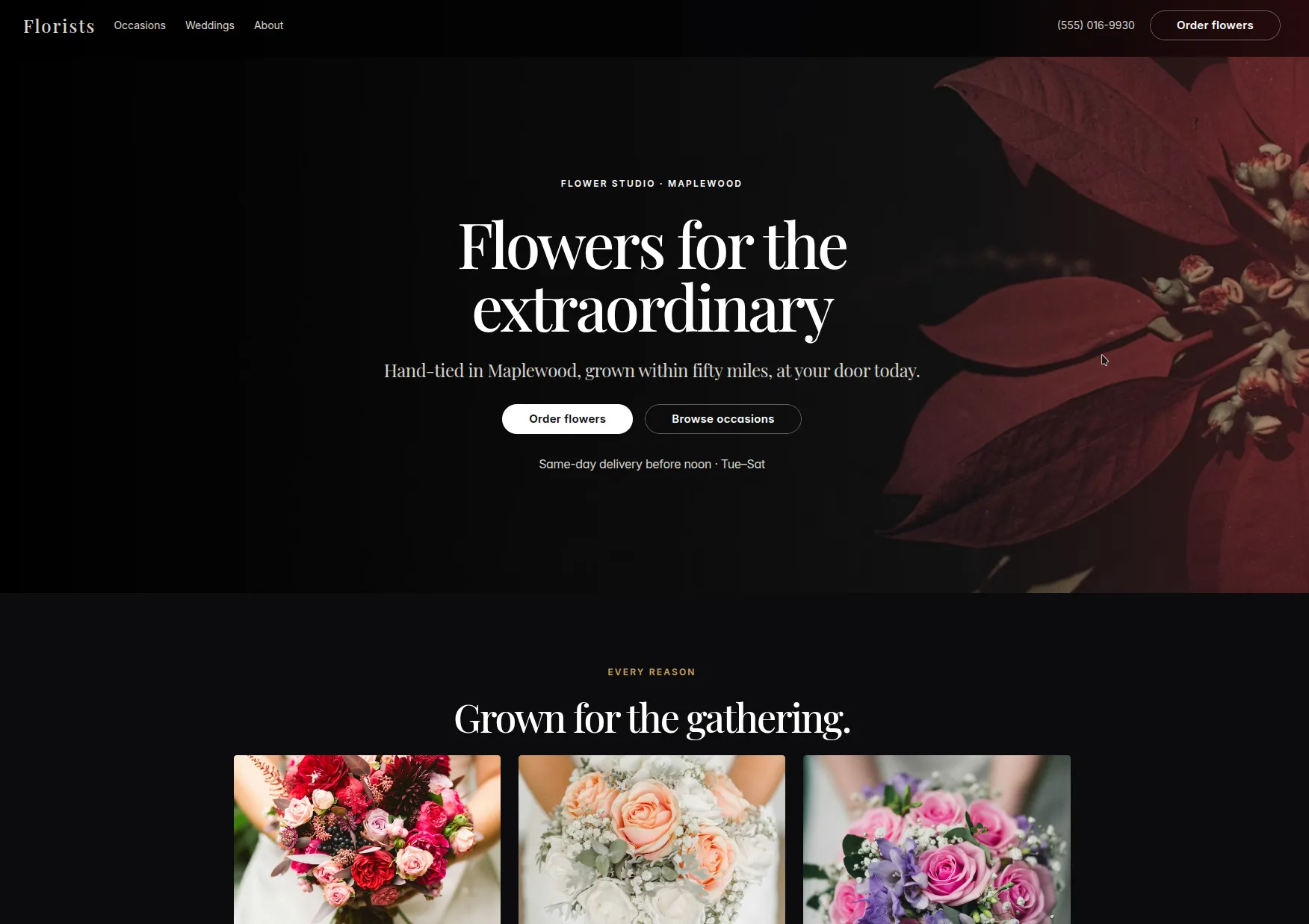 Florist template preview — a dark, gallery-led flower studio site with occasion-led browsing