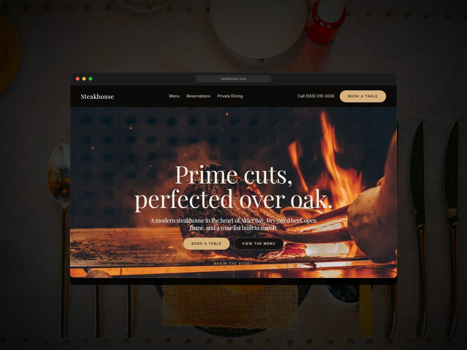 Steakhouse template preview — a bold, menu-first restaurant site